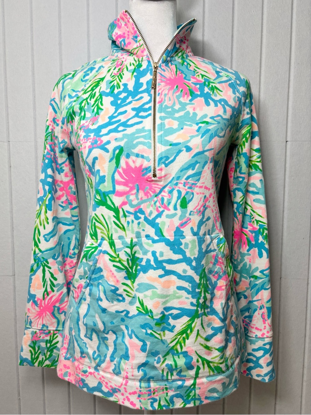 Lilly‎ Pulitzer Floral Half-Zip Pullover Cotton Blend Pink, Aqua, Green size XXS